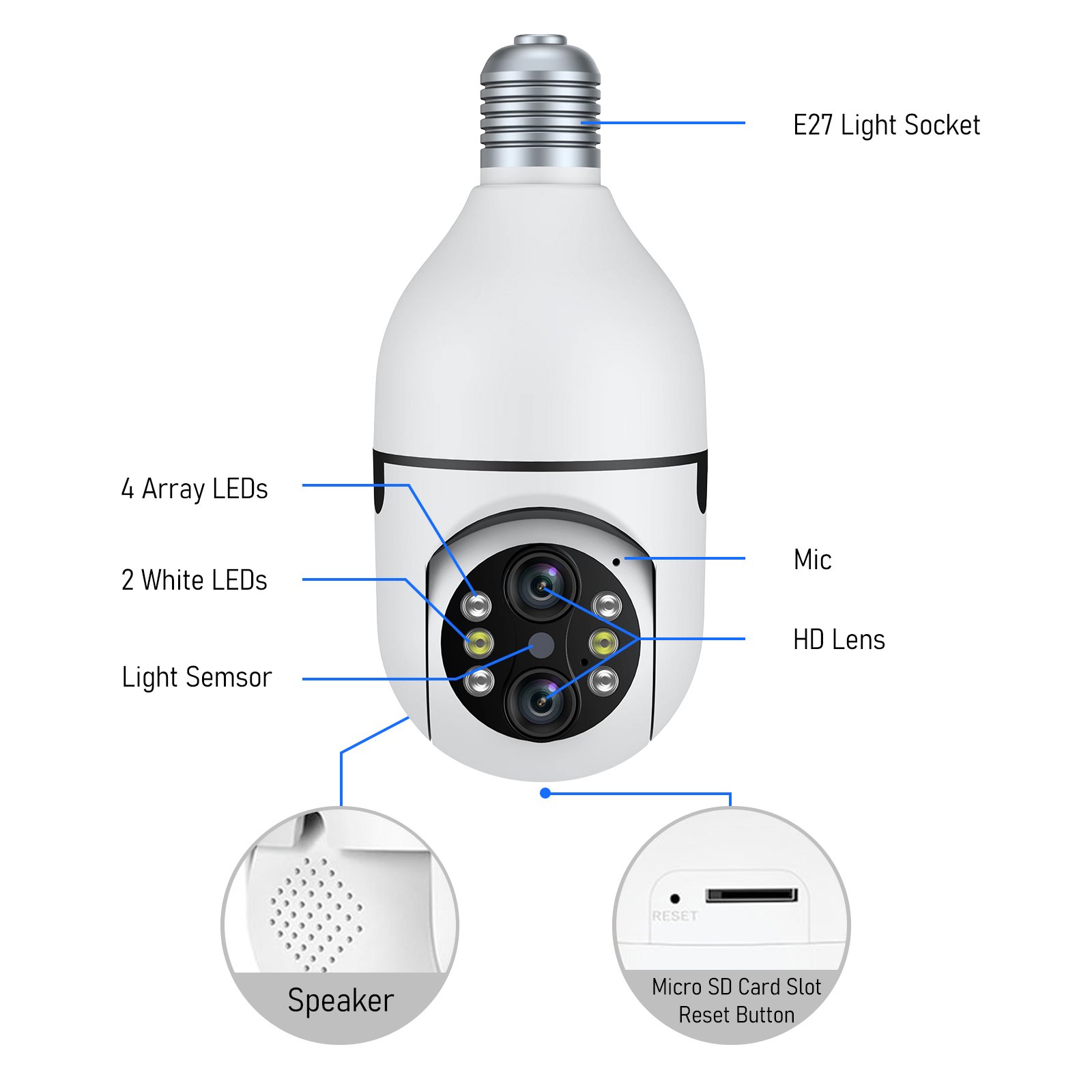 JideTech Dual Lens 1080P E27 Bulb Camera Night Vision 10X Digital Zoom Light Bulb Camera Motion Detection Mini camera