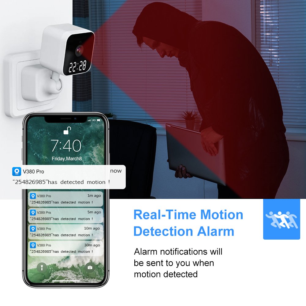 v380pro USB Plug Charger Camera Night Vision With Clock Time Indoor Pan Tilt Home Security Network WiFi Camera