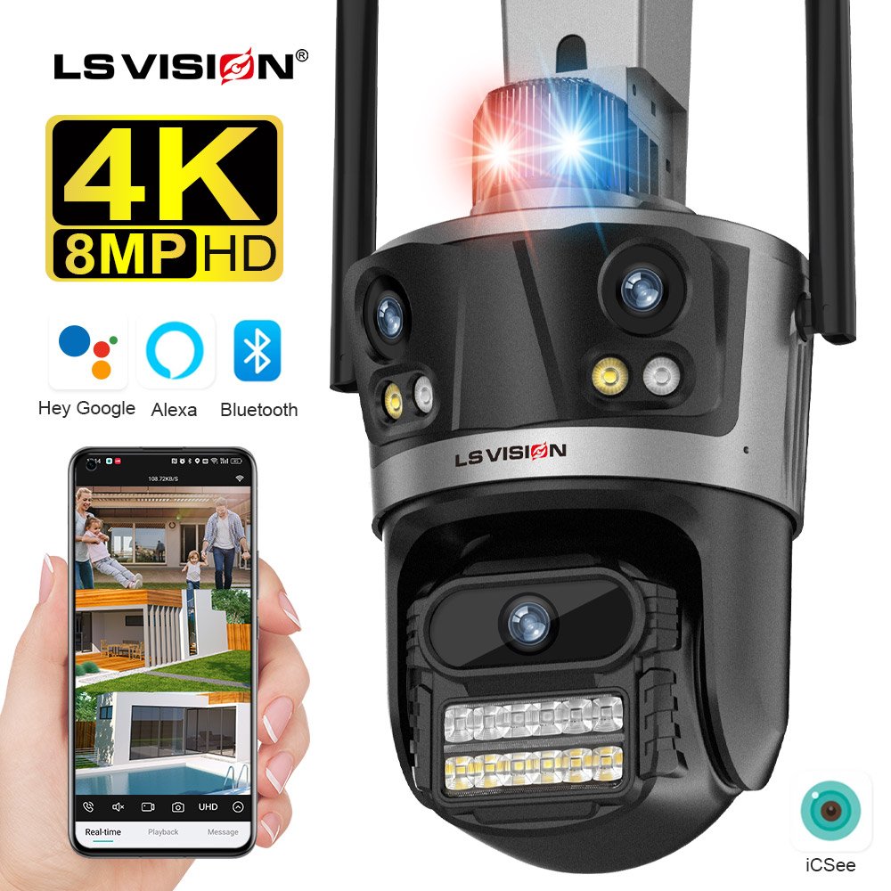 LS VISION 3 Screen 4K WiFi PTZ Camera Outdoor HD Security Camera CCTV Automatic Tracking iCSee App Remote Control