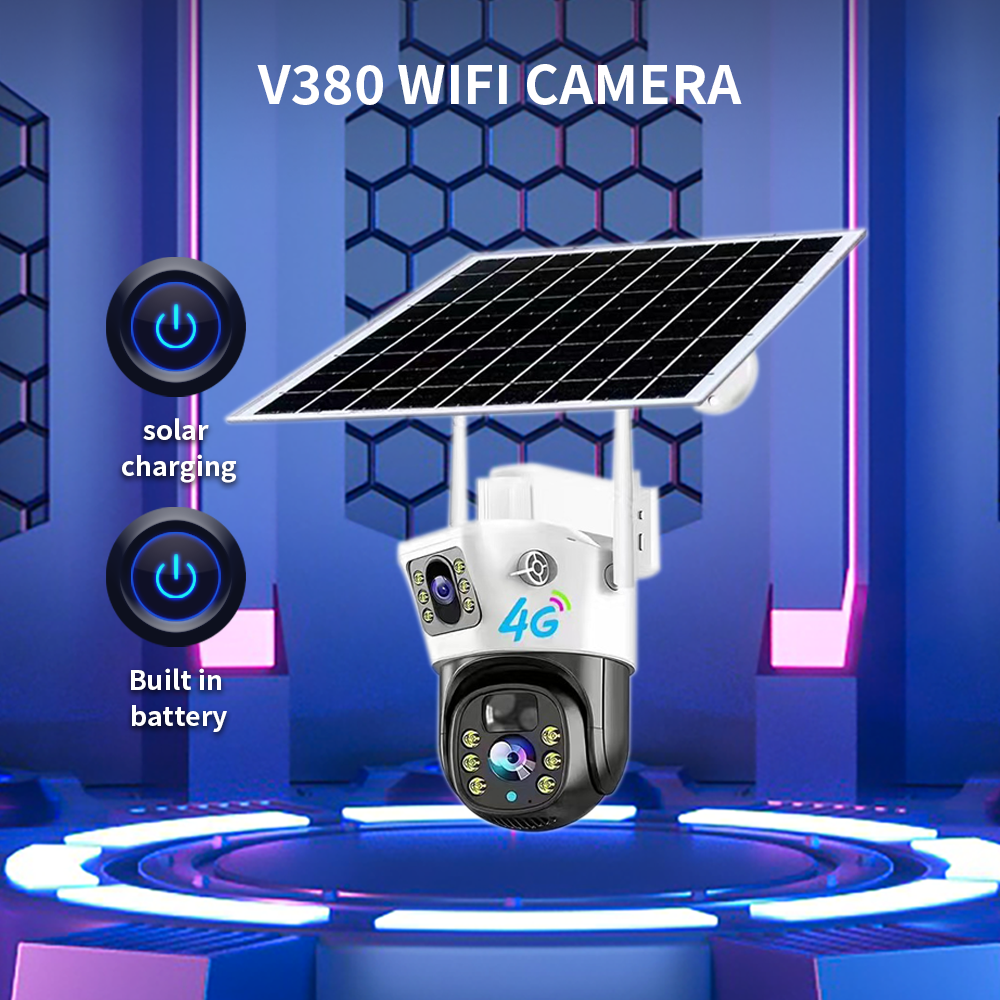 V380 Outdoor dual lens Camera Dual 2MP+2MP Lenses Night Vision Built-In Battery Solar Charging Low Power Energy Saving OSD Cloud