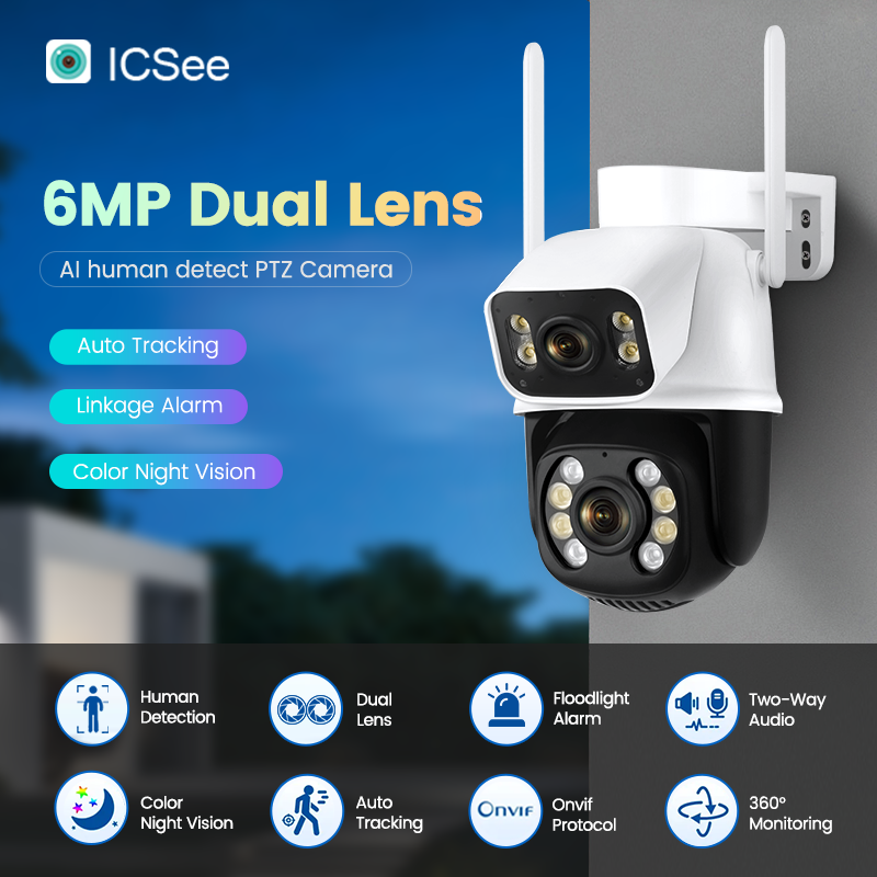 Outdoor dual-lens wireless IP security cctv ptz dome camera 6MP AI human detection linkage alarm ip wifi icsee ptz camera