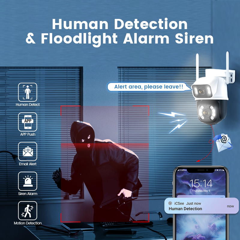 Outdoor dual-lens wireless IP security cctv ptz dome camera 6MP AI human detection linkage alarm ip wifi icsee ptz camera