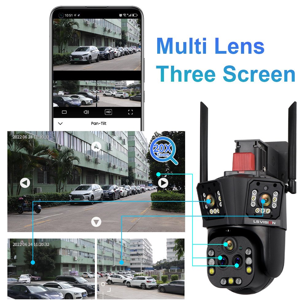 LS VISION Ultra 20MP 10K WIFI Surveillance Camera Outdoor Five Lens Camera PTZ 20X Zoom Smart Home AI Human Tracking Wireless CC