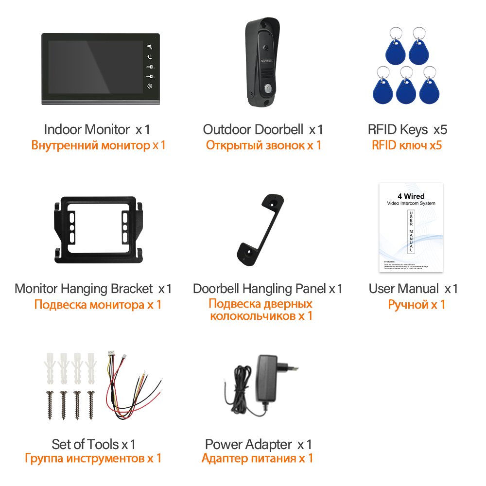 Video Intercom System with 3 Indoor Monitor and 2 Outdoor Door Phone Intercom ID/IC Card Unlock Waterproof Night Vision