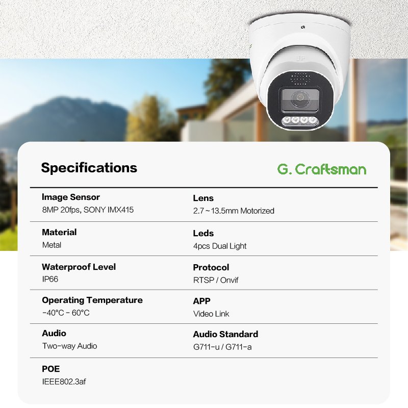 GA-HBVD-M8SS 8MP 4K POE CCTV Camera Turret Dome two way Audio Alarm Light Flashing Night Vision Home Security Indoor Use