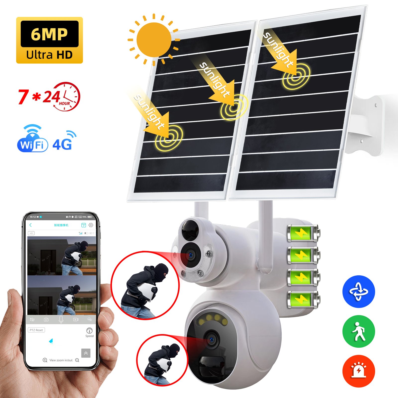 Solar Camera 4G Sim Card 6MP Dual Lens Smart wifi 360 PTZ Wireless Outdoor CCTV camera Home security cameras system