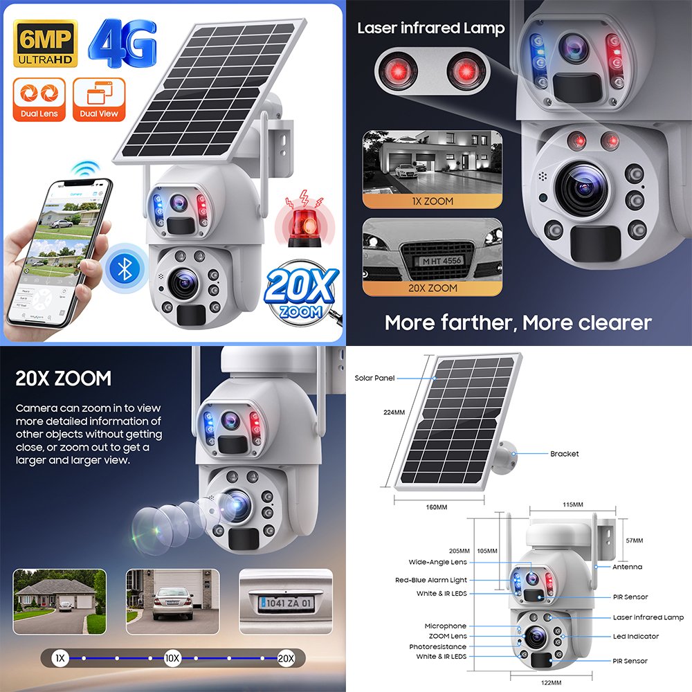 Custom logo full HD 6MP PTZ CCTV 4G SIM Card Solar WiFi Camera 20X Zoom Dual Lens Network Solar Battery Floodlight Camera
