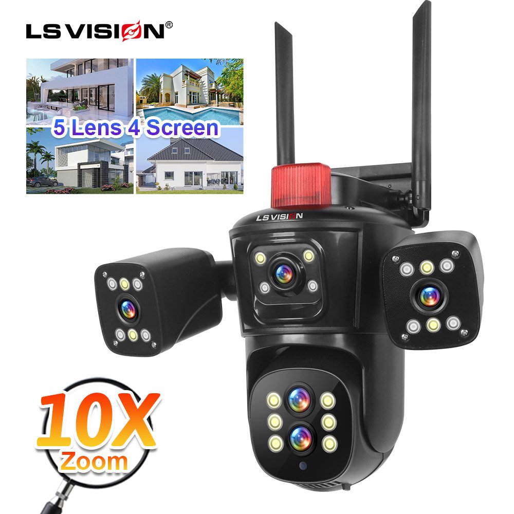 LS VISION 8MP WiFi Camera Outdoor 10X Zoom Four Lens Three Screen Security Camera Video CCTV AI Tracking Wide Angle