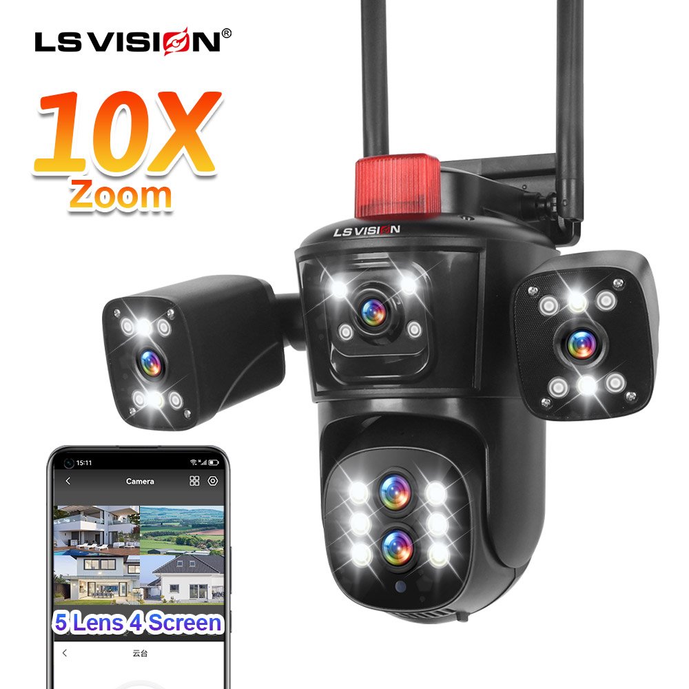 LS VISION 8MP WiFi Camera Outdoor 10X Zoom Four Lens Three Screen Security Camera Video CCTV AI Tracking Wide Angle