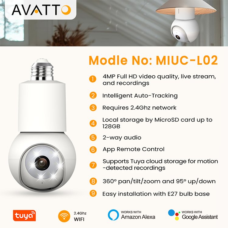 AVATTO Tuya Smart Network Camera Light Bulb Security Wifi 360 Wireless Smart Tuya Led Light bulb Security Camera