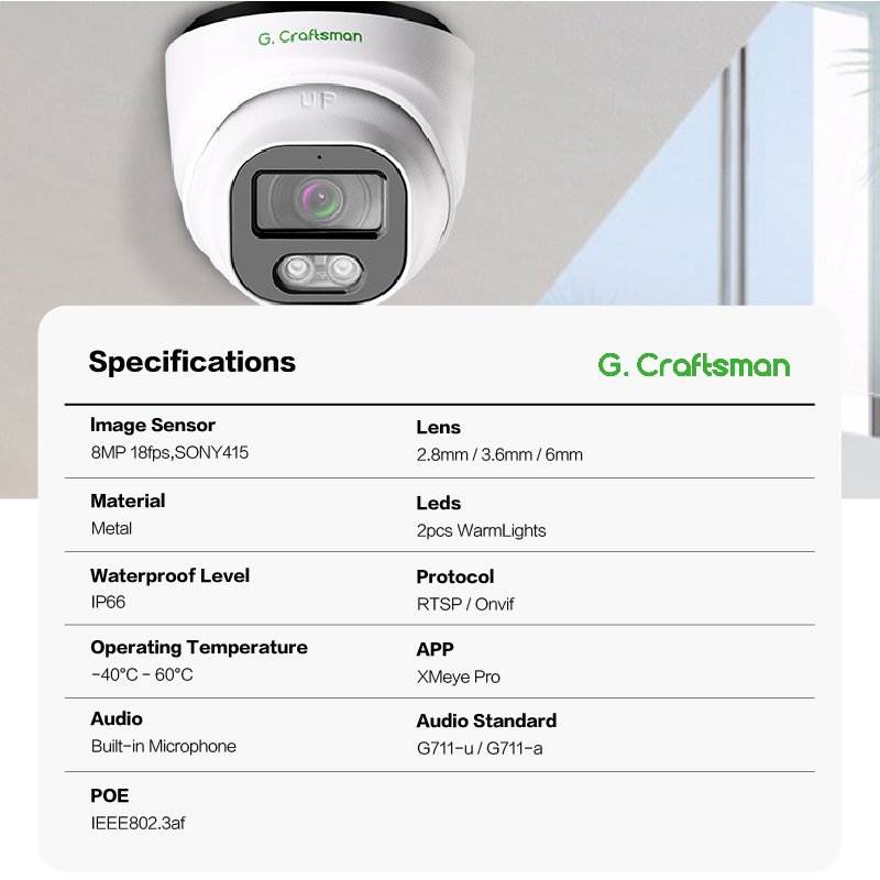 GX-HFW-M8S 4K Gcraftsman 8MP Full Color Dome Eyeball Turret Vandalproof Indoor Outdoor IP POE Network Camera