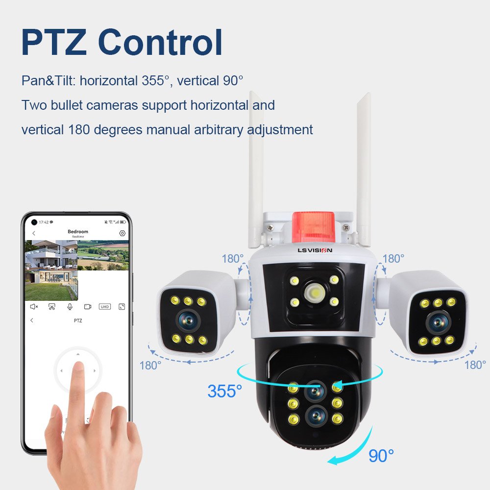 LS VISION 16MP Three Screens WiFi IP Camera Wireless Outdoor 8K Four Lens PTZ Two-way Talk Auto Tracking Waterproof CCTV Cameras