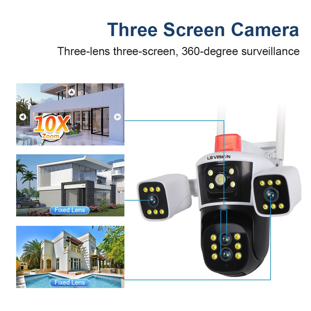 LS VISION 16MP Three Screens WiFi IP Camera Wireless Outdoor 8K Four Lens PTZ Two-way Talk Auto Tracking Waterproof CCTV Cameras