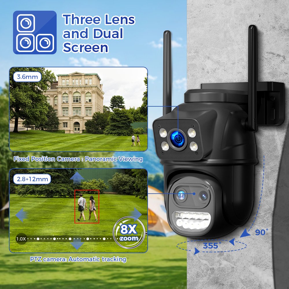 Dual lens 8X Zoom Black 9MP 2P2 IP Color Night Vision Outdoor Network Ptz Dome WiFi Wireless Camera