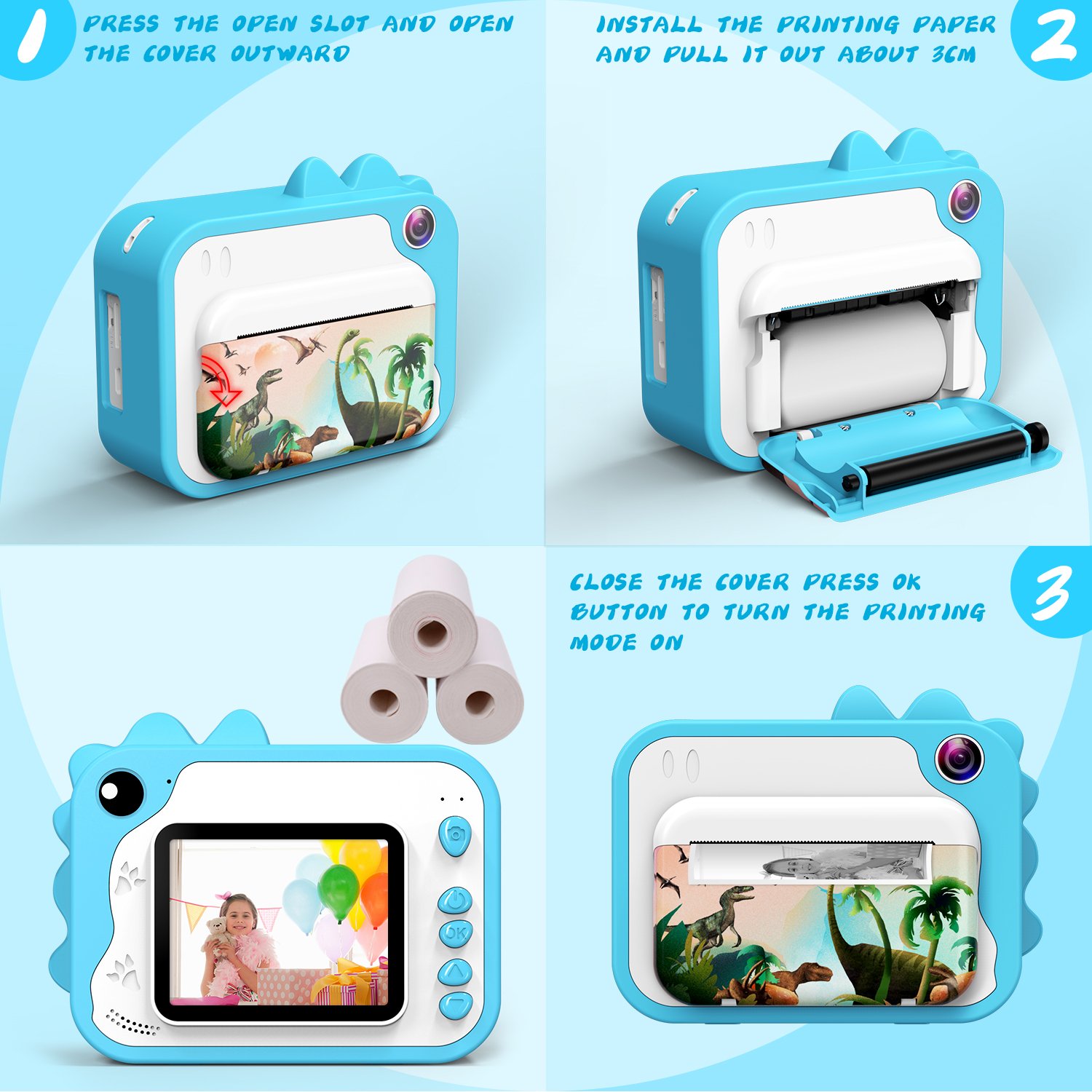 High Quality Mini Camera Printer Kids Instant Print Safety Features 1080p Video 32GB Built-in CMOS Selfie Recording Game TF