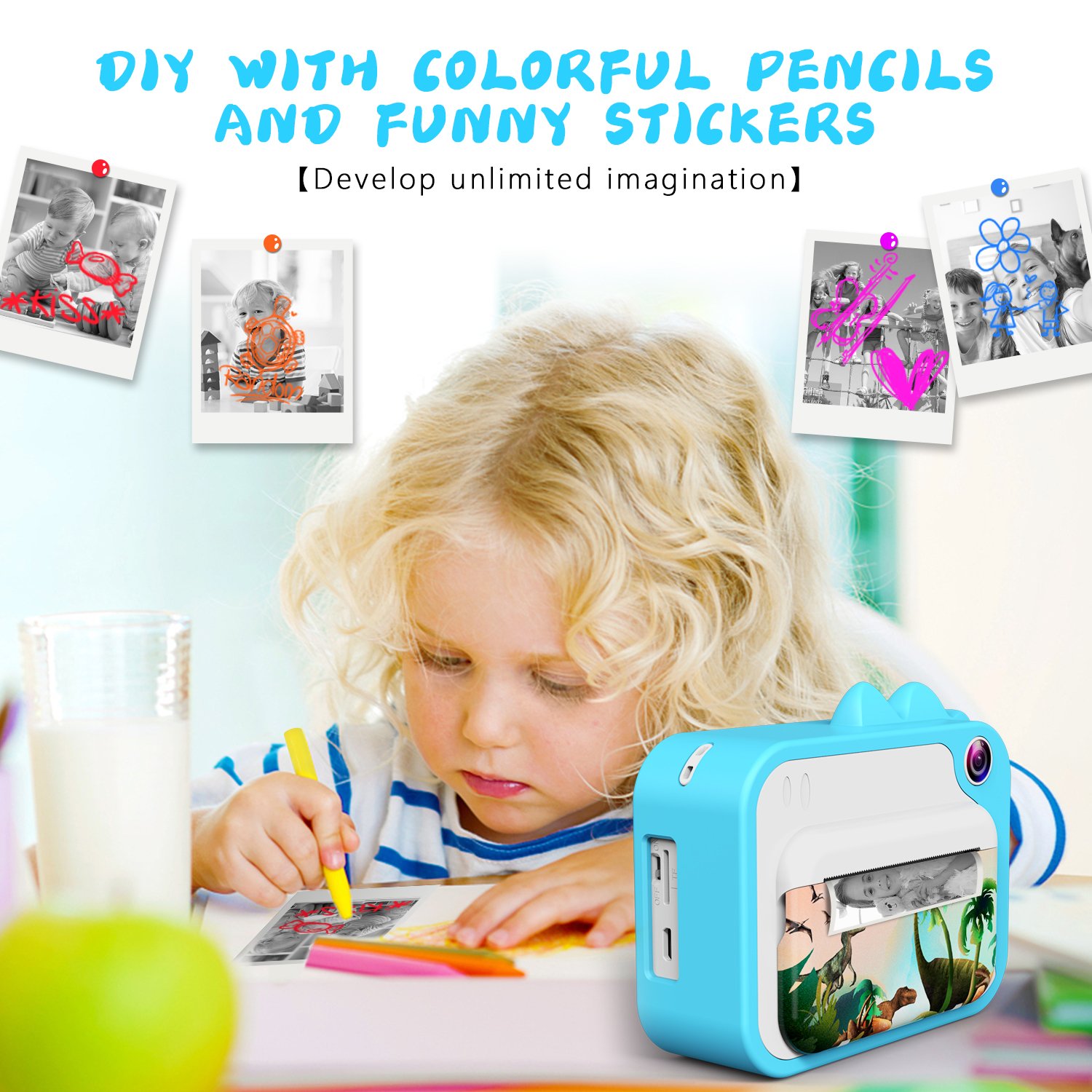 High Quality Mini Camera Printer Kids Instant Print Safety Features 1080p Video 32GB Built-in CMOS Selfie Recording Game TF