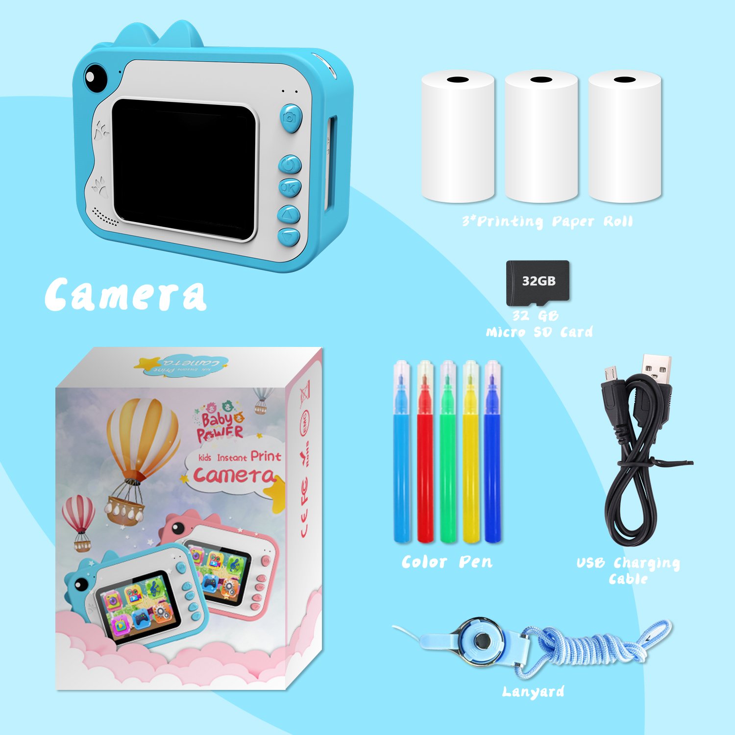 High Quality Mini Camera Printer Kids Instant Print Safety Features 1080p Video 32GB Built-in CMOS Selfie Recording Game TF