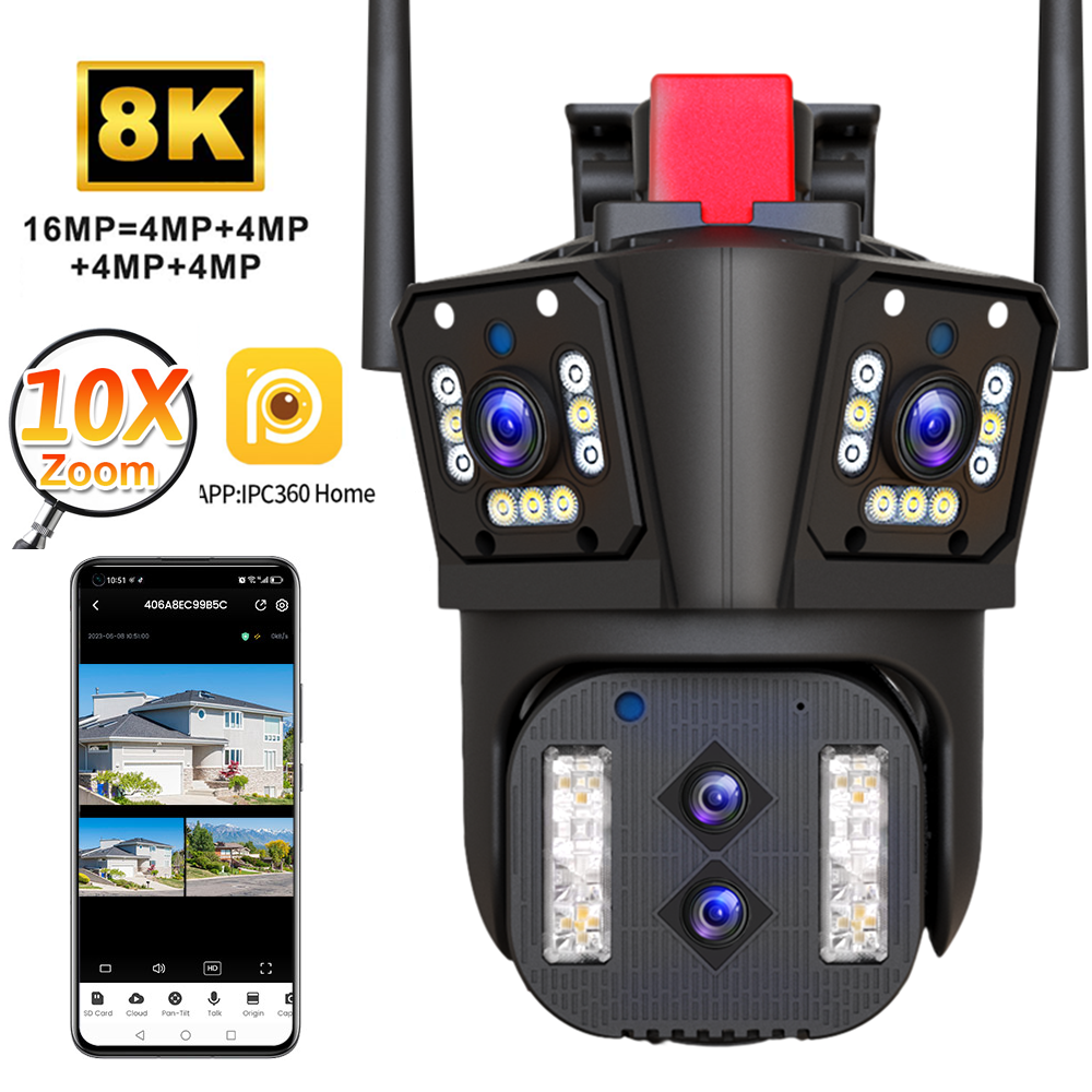 16MP 8K Four Lens Three Screen CCTV 10X Hybrid Zoom Outdoor Home Full color Night Vision PTZ Wireless Camera