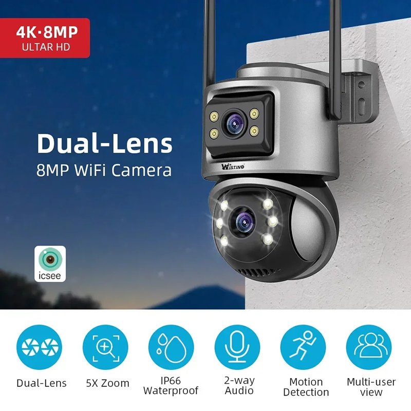 Wistino 8MP icsee wifi camera outdoor waterproof night vision full color wireless security camera