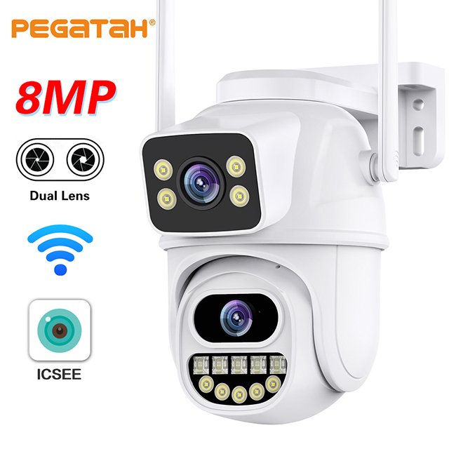PEGATAH ICSEE 8MP Dual Lens Camera WIFI Camera Wireless Security CCTV System Full Color Night Vision Human Detection for Outdoor