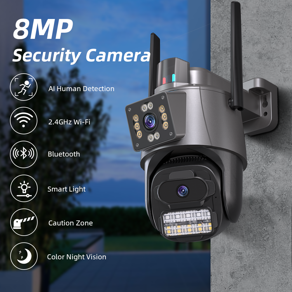 ABQ 4K 8MP Outdoor Dual Lens ICSEE Camera Wireless PTZ Waterproof Security CCTV With Warning Light Camara de Seguridad Wifi