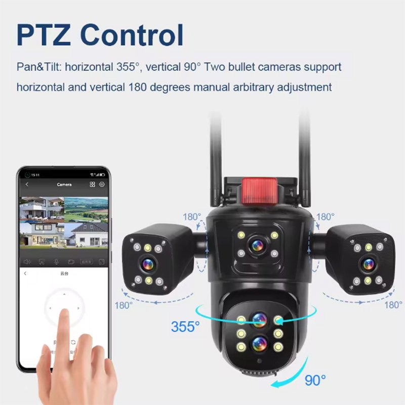 Saikiot 20MP 5 Lens 4 Screens WIFI PTZ Camera 10X Optical Zoom CCTV Security Outdoor Waterproof Two Way Audio PTZ Network Camera