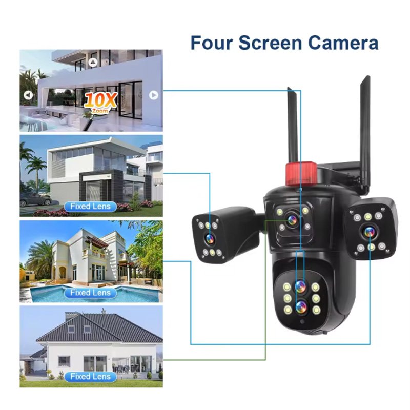 Saikiot 20MP 5 Lens 4 Screens WIFI PTZ Camera 10X Optical Zoom CCTV Security Outdoor Waterproof Two Way Audio PTZ Network Camera