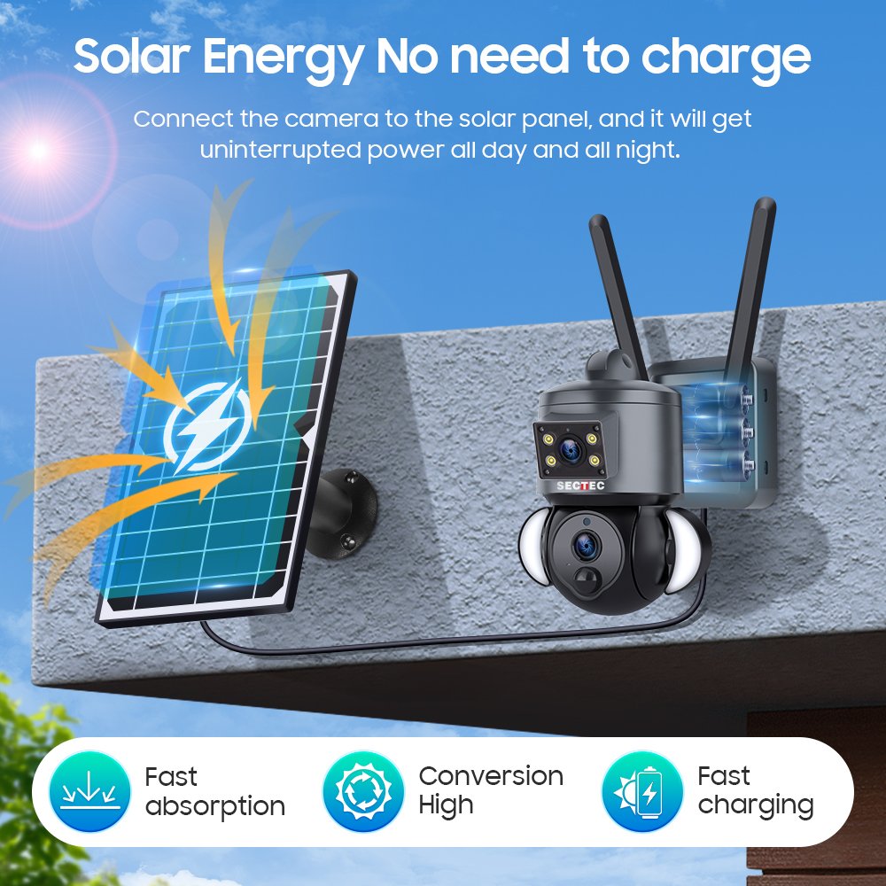 SECTEC HD 6MP Panoramic CCTV Outdoor Dome Security Surveillance PTZ Camera Dual Lens Floodlight Network 4G Solar Battery Camera