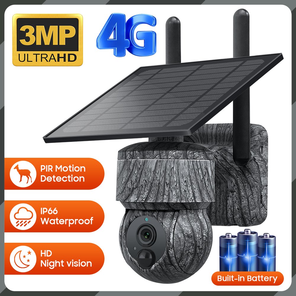 4g Solar Powered Camera 3mp Solar Panel Ptz Camera Sound-Light Alarm Security Camera