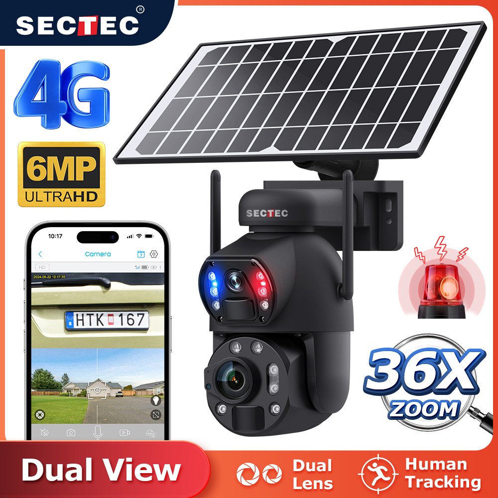 SECTEC 3K 6MP HD Metal Dual Lens CCTV Network Outdoor Security Cameras Big 36X Zoom Lens Dual View Solar Battery PTZ Camera