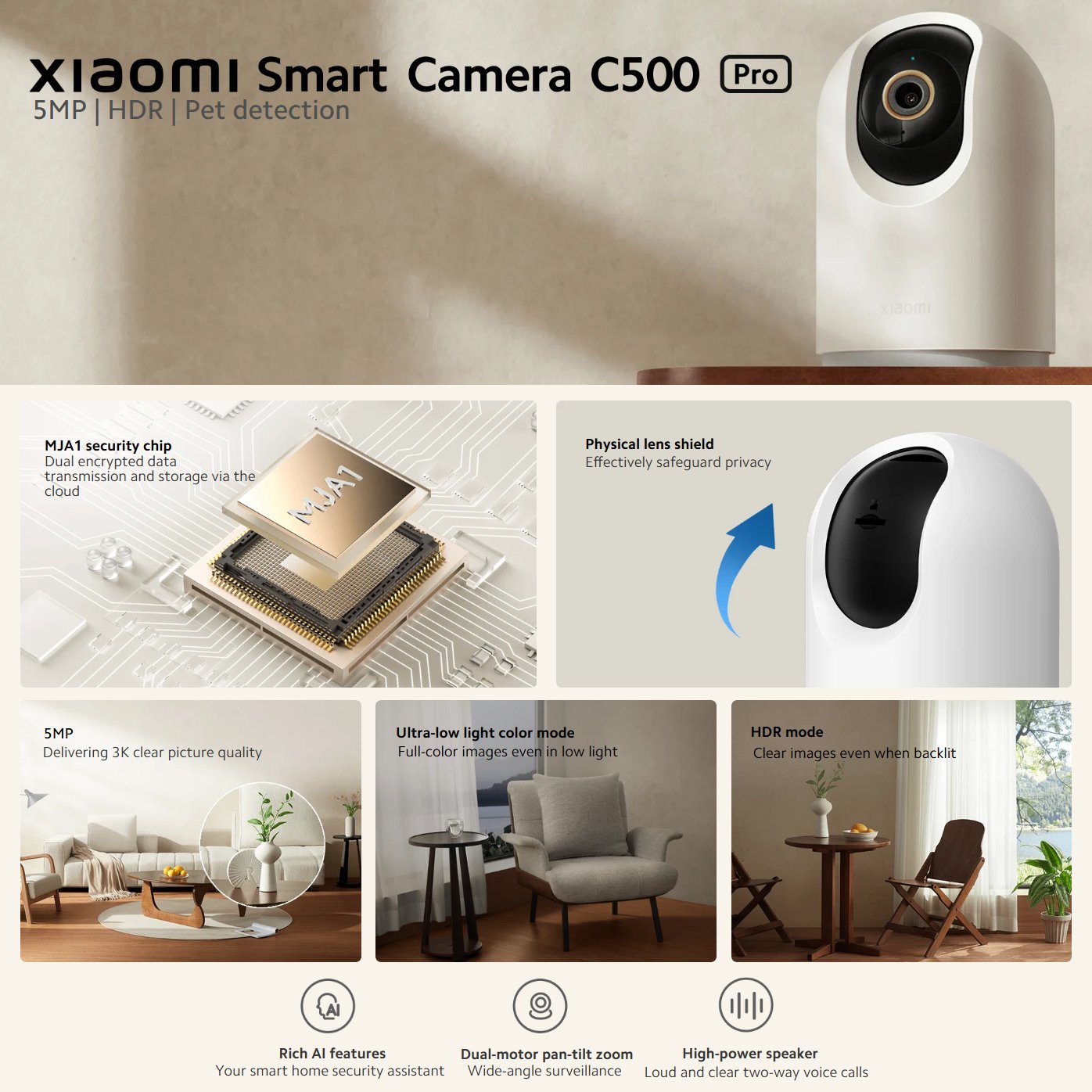Original global ver. Xiaomi Smart Camera C500 Pro 5MP MJA1 security chip HDR Pet detection AI features pan-tilt zoom for Monitor