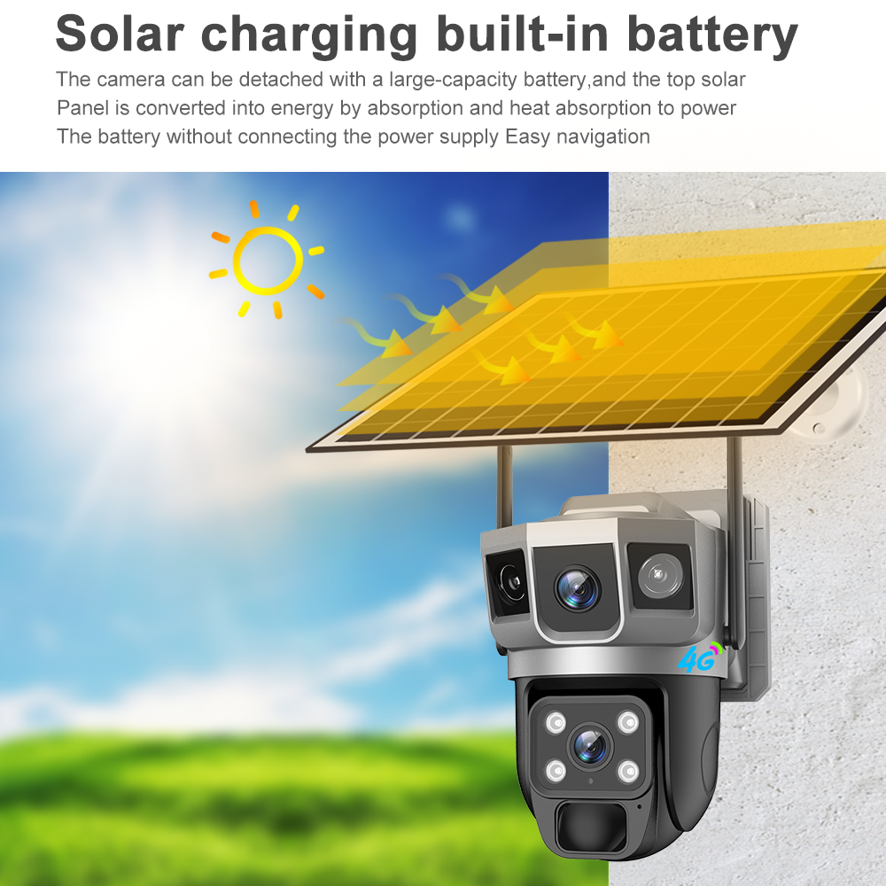 V380 Dual Lens 4K Outdoor Solar Panel Network Wifi Solar CCTV Camera WIFI 4MP+4MP Night Vision Ptz IP Solar Camera