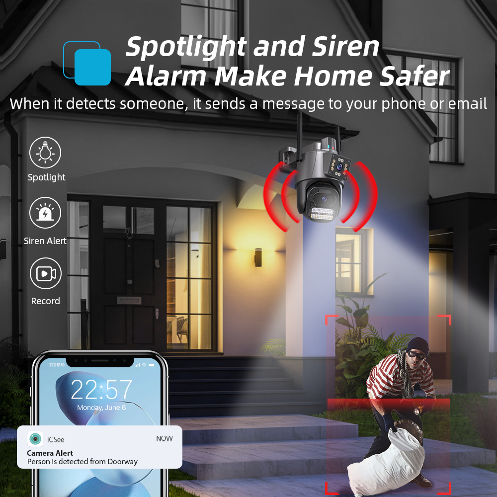 6MP Dual Screen Dual Lens Network Camera WIFI PTZ Camera Outdoor Waterproof Auto Tracking Security Camera ICSEE