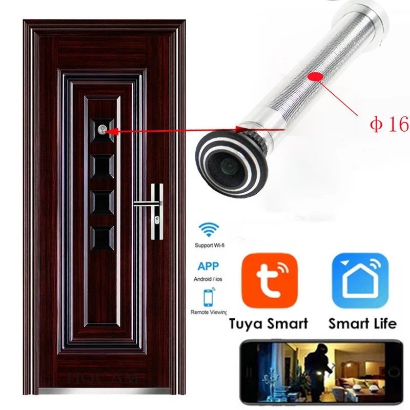 1.66MM Wide Angle FishEye Audio TF Card Slot 5G 2.4G WIFI 16MM Hole Tuya Wifi Door Eye Camera Mini Peephole Door WifI IP Camera