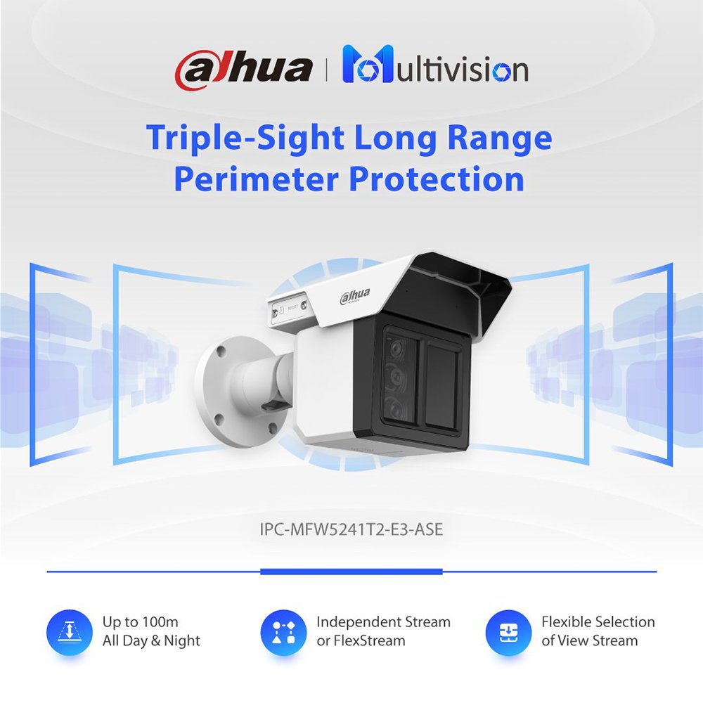 dahua IPC-MFW5241T2-E3-ASE 3 x 2 MP Triple-Sight Perimeter Protection Bullet WizMind Network Camera 100m IR