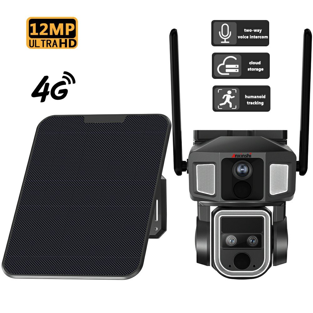 4G PTZ Wireless Solar Battery Network Camera 3 Lens 12MP High Resolution 10X Optical