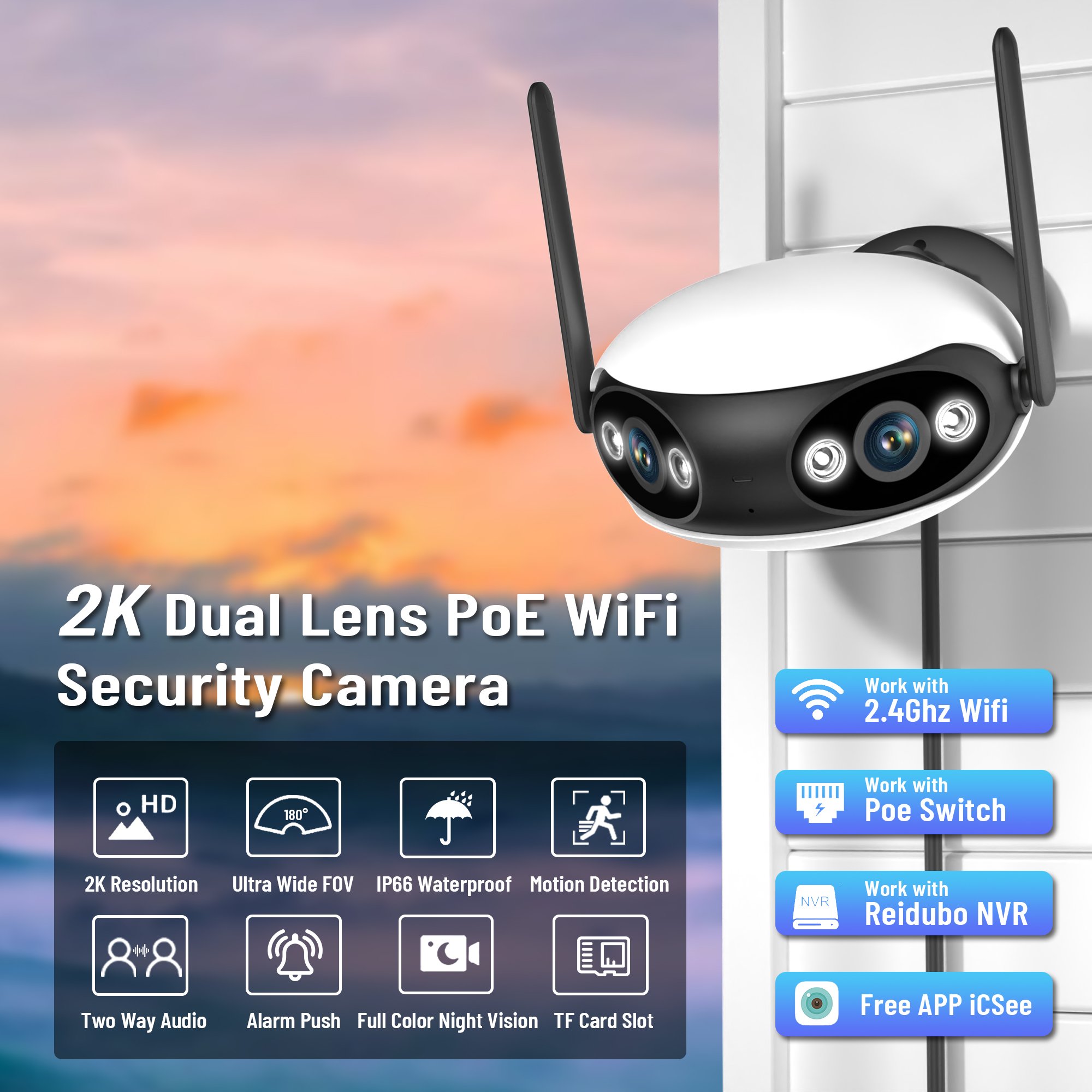 FansuTi Poe Dual Lens Icsee 4MP 8X Zoom Wifi Security Camera Audio Night Vision Waterproof Xmeye Wireless Network Camera