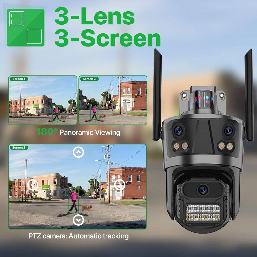 iCsee Cctv Camera 8MP 4K Three Lens Three Screens PTZ Camera Waterproof Full Color Night Vision IP Surveillance Camera