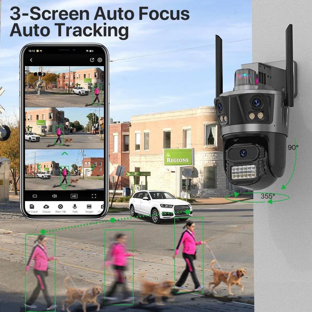 iCsee Cctv Camera 8MP 4K Three Lens Three Screens PTZ Camera Waterproof Full Color Night Vision IP Surveillance Camera