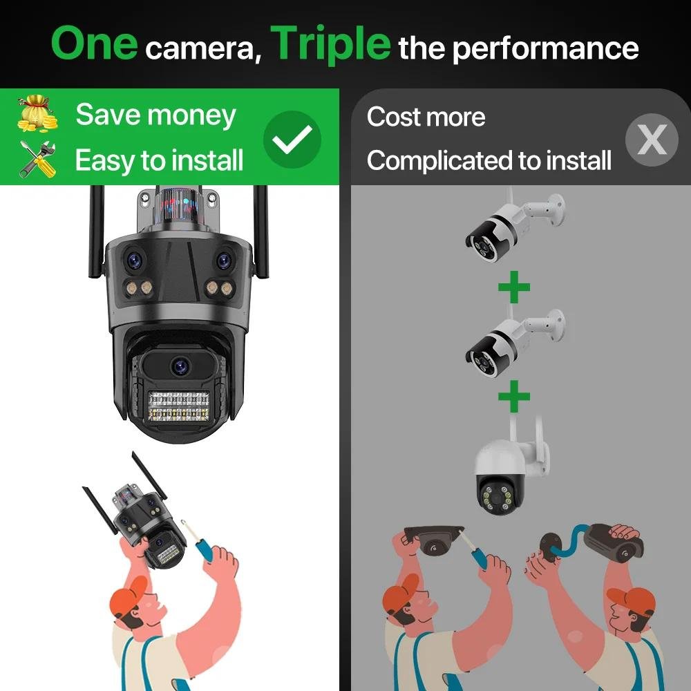 iCsee Cctv Camera 8MP 4K Three Lens Three Screens PTZ Camera Waterproof Full Color Night Vision IP Surveillance Camera