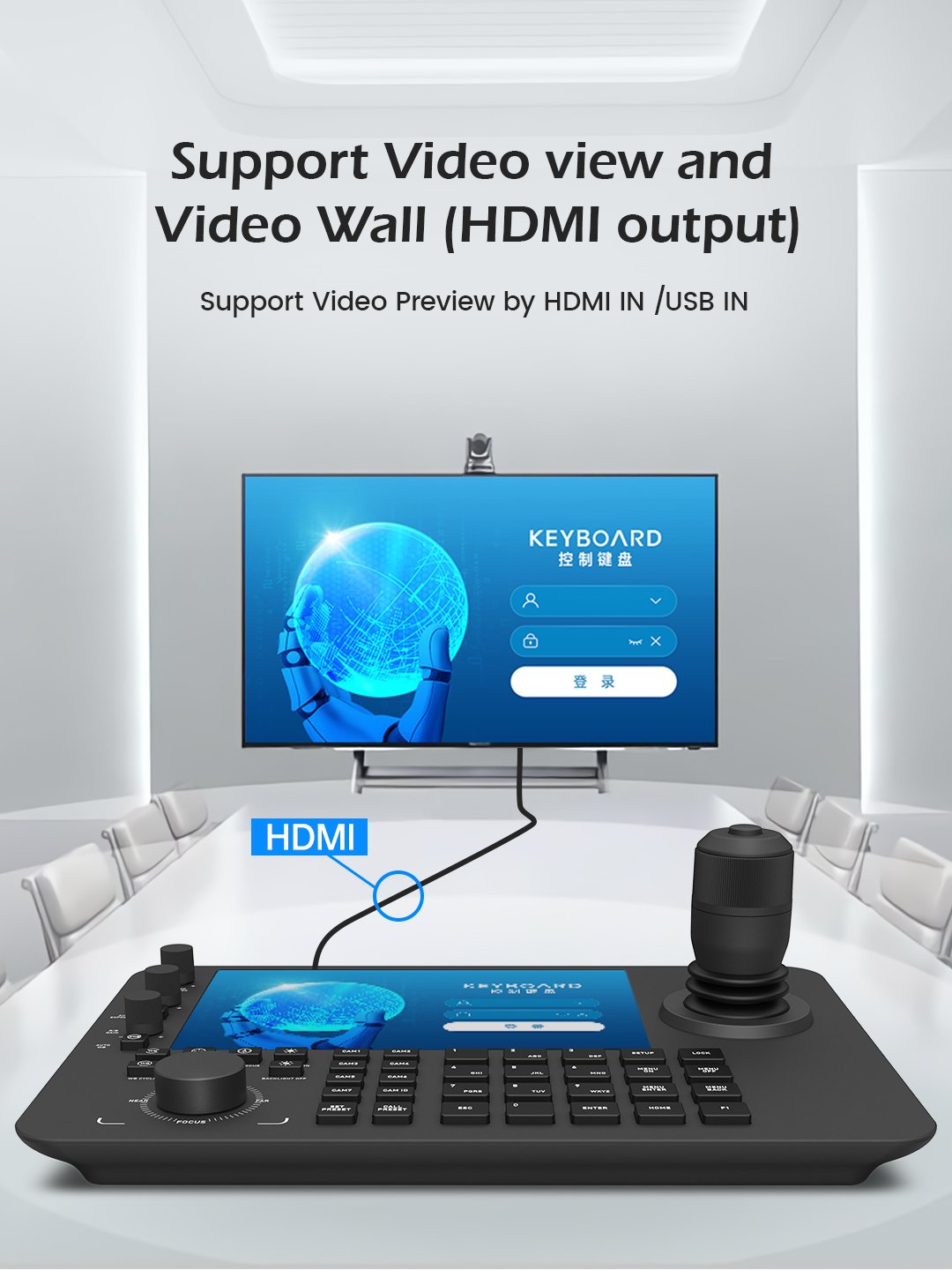 4D Joystick Network Analog RS422 RS485 IP PTZ Conference Camera Controller with 7 Inch Colour LCD 4K Display for TV wall