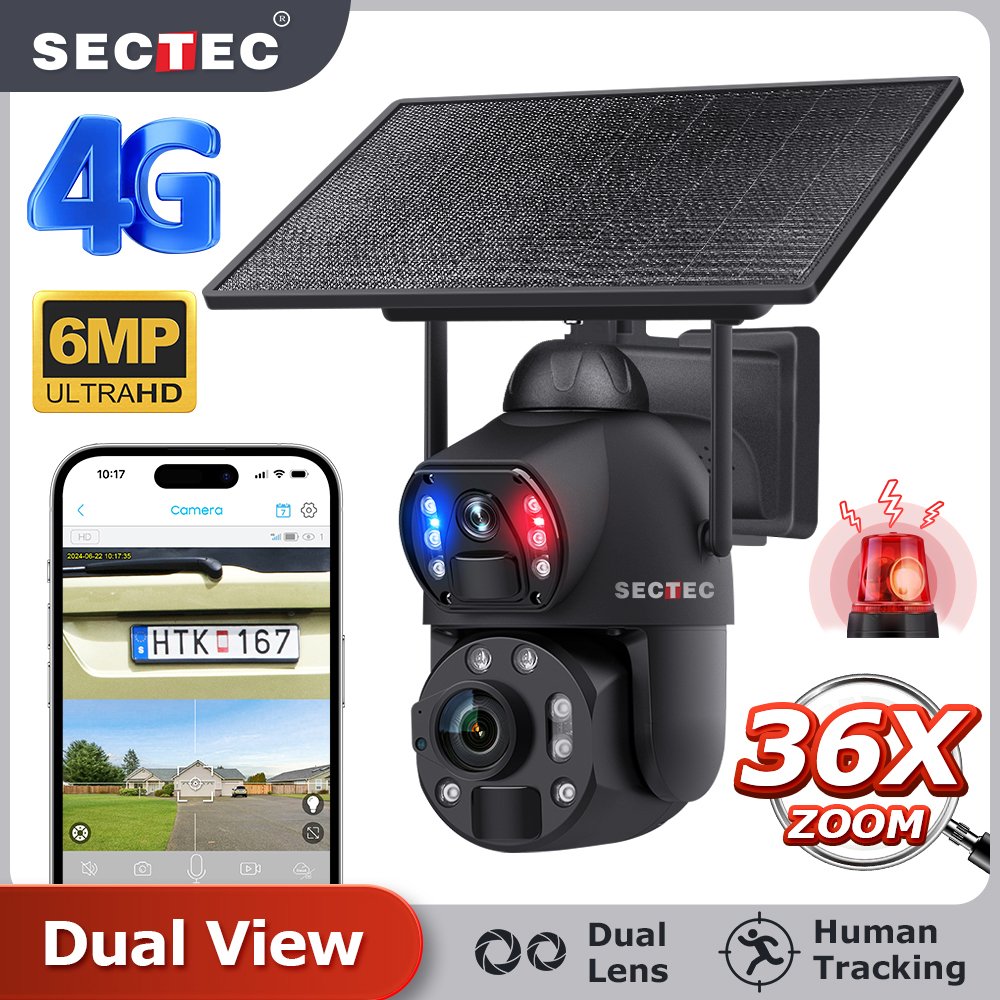 SECTEC 6MP 36X Zoom 4G Solar Battery Camera HD 3K IP Speed Dome Dual Lens Panoramic Ptz Cctv Network Outdoor Security Cameras