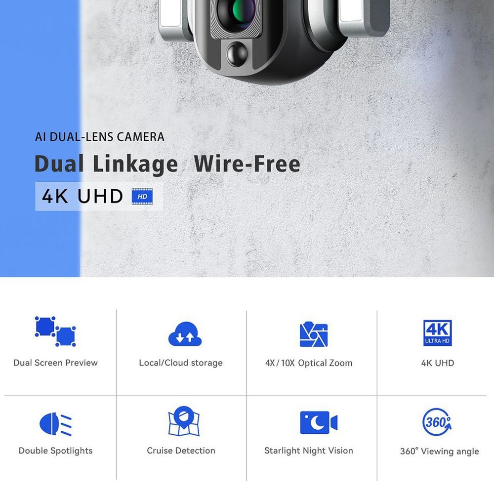 TUYXCIE 4K Dual Lens 10X Zoom 4G Network Solar PTZ Camera Battery Powered Camera Security Protection Human Track Two Way Audio