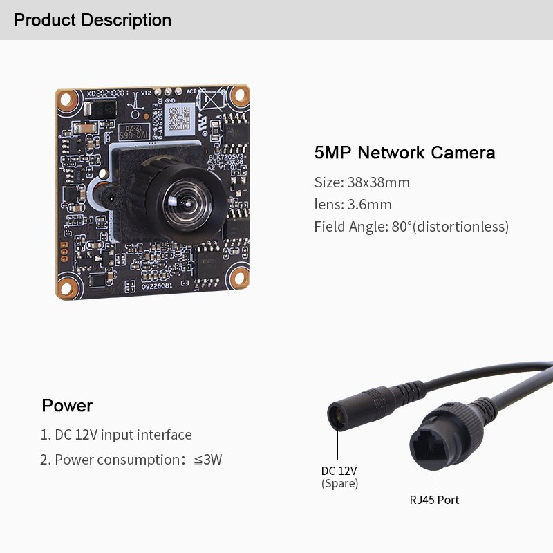 5MP 3.6mm 80degree distortionless Low light level 0.0001Lux blacklight H.265AI/H.265+ Mini Network HD camera module