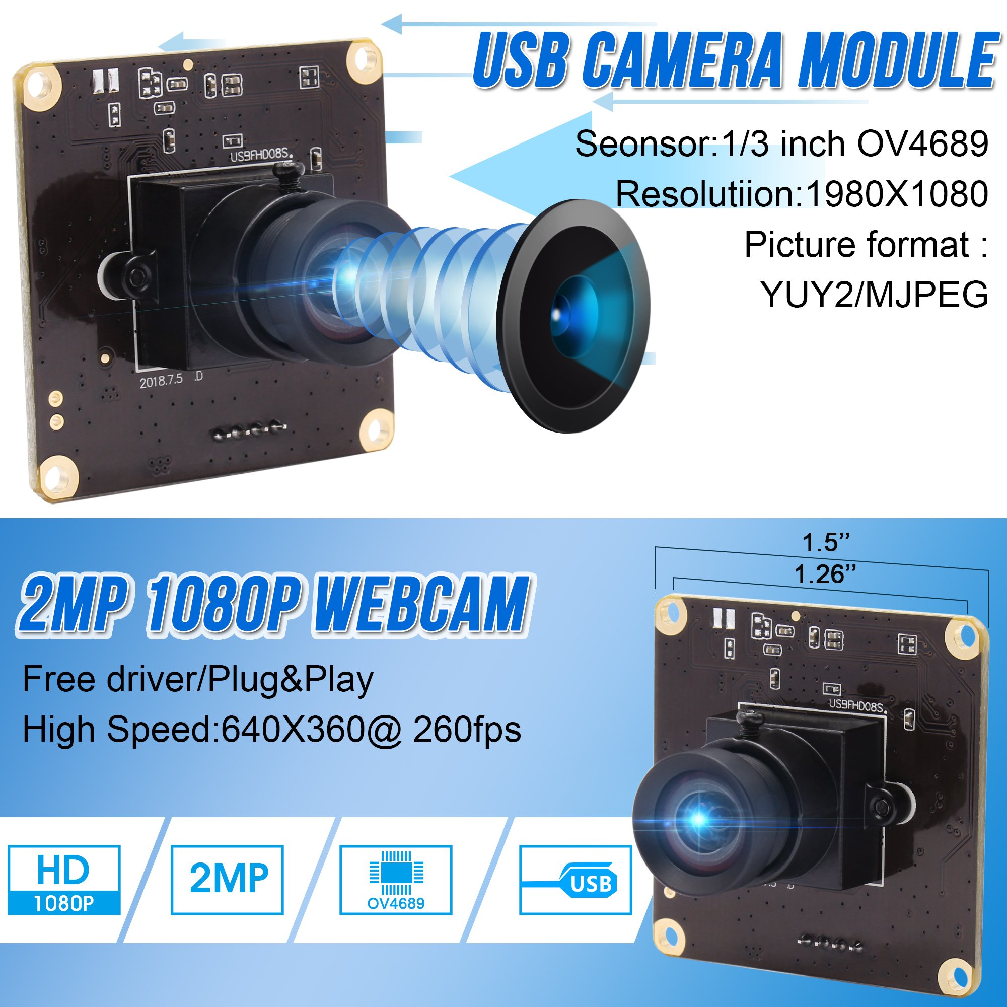 ELP USB2.0 Full HD 1080P CMOS OV4689 High Speed USB2.0 2MP 260fps 120fps 60fps Golf Swing Camera Mini For Trajectory Analysis
