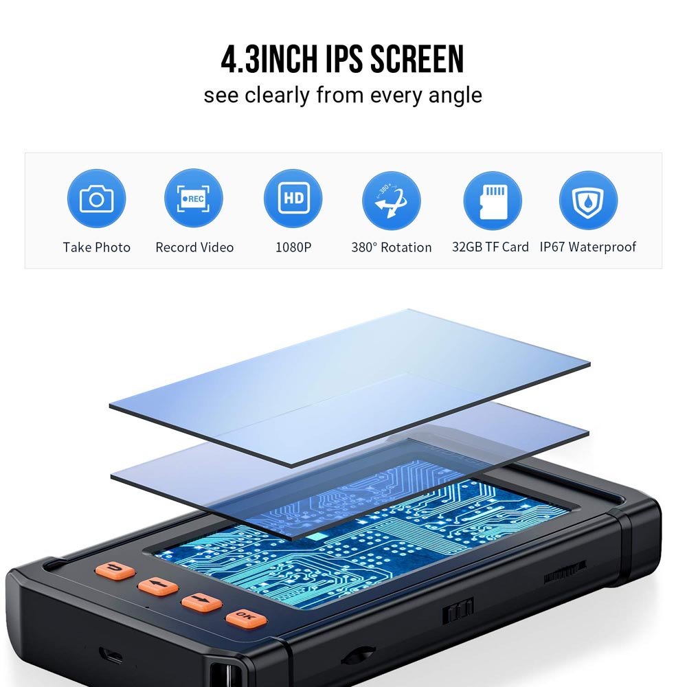 Industrial Endoscope Inspection two Camera 8mm Dual Lens 4.3 inches IPS Screen Endoscope-Borescope 1080P Display Screen PQ307