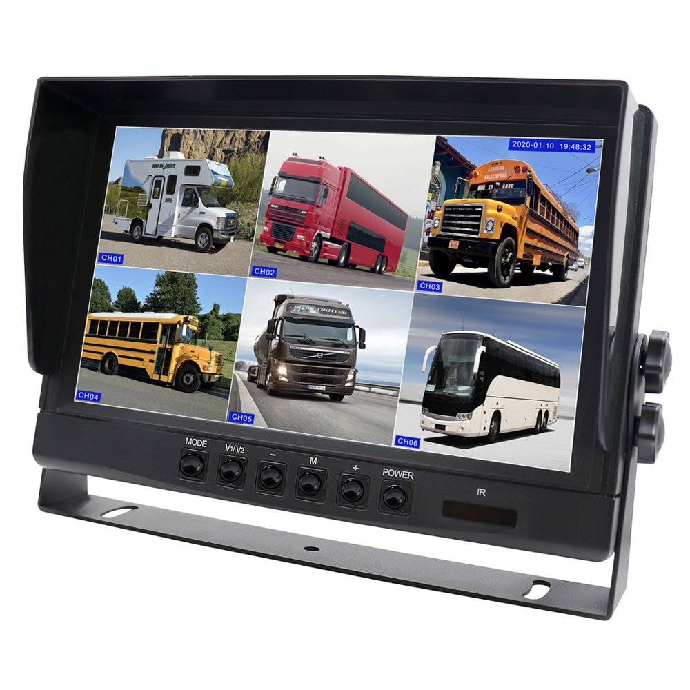6 CH Split View 9 Train Monitor with Sunshade, Support Working with Analog Camera and AHD Camera Hybrid