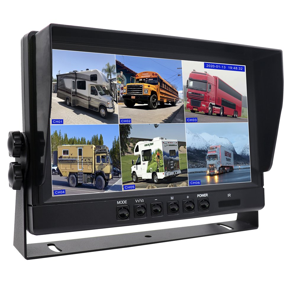 6 CH Split View 9 Train Monitor with Sunshade, Support Working with Analog Camera and AHD Camera Hybrid