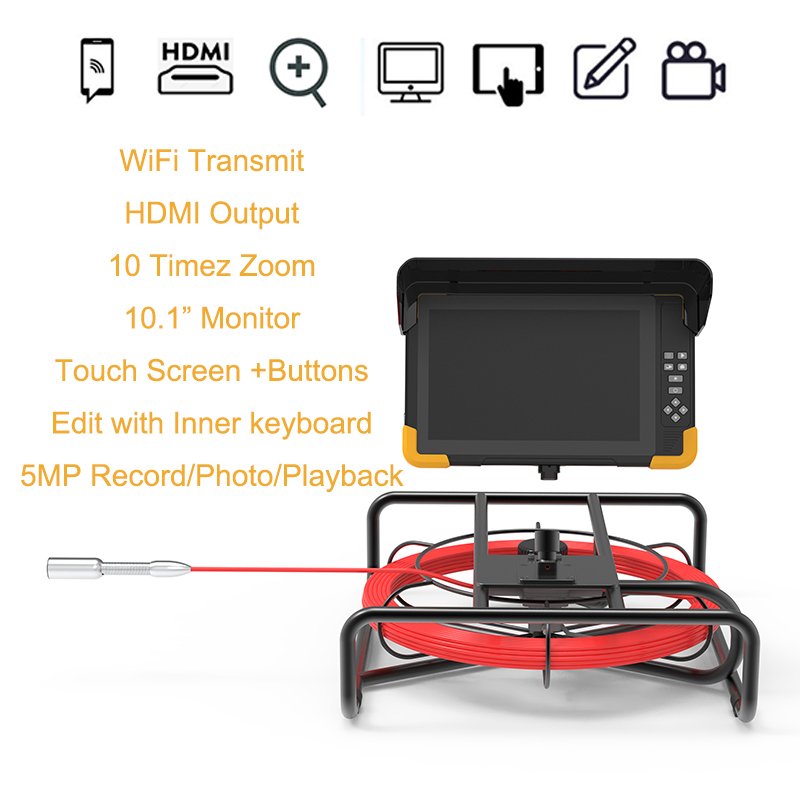10-Inch Industrial Sewer Borewell Pipe Manhole Inspection Camera 4K Recording Touch Screen 2MP 23MM HDR Drain 30m 40m 50m Analog