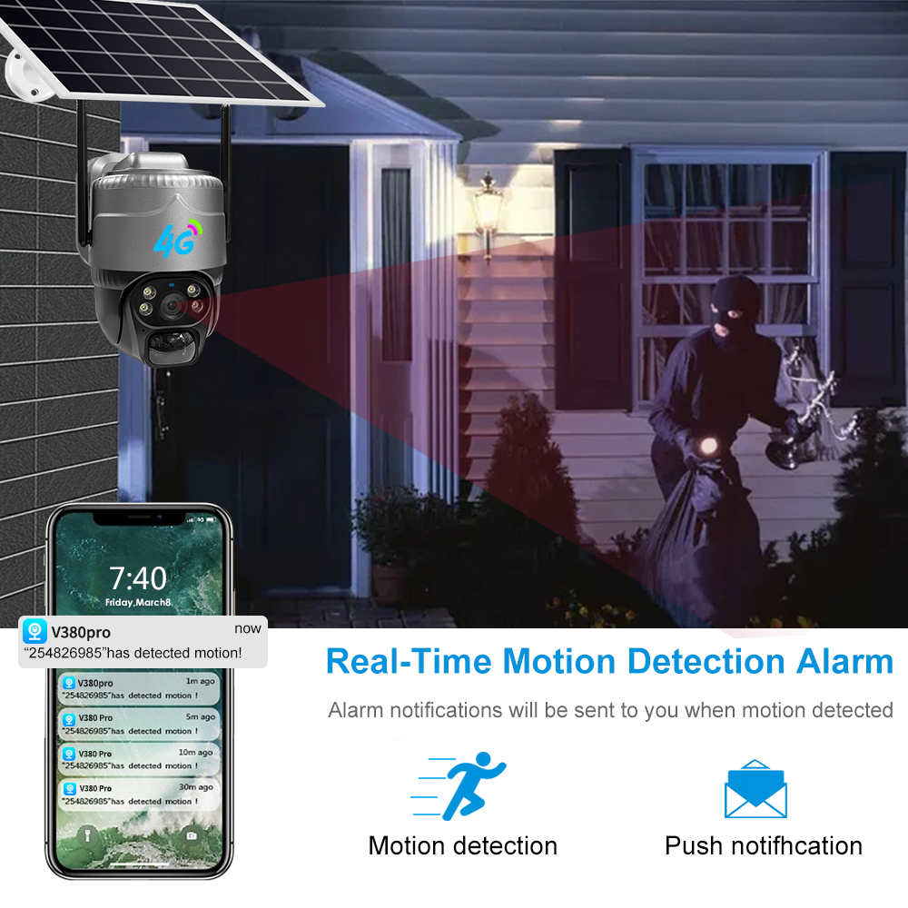 Outdoor Security Remote Control Wireless 8W Solar Panel Intelligent Monitoring V380 3MP 4G Ptz Network Solar Camera
